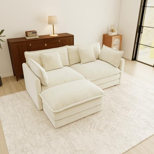 ZenNook 76.7” Oversized Beige White Loveseat Sofa, 2 Seater Large Sectional Couches for Living Room, Chenille Fabric Modular Sectional Sofa with 1 Ottoman, Deep Seat Home Sofas Set, Love Seat Couches