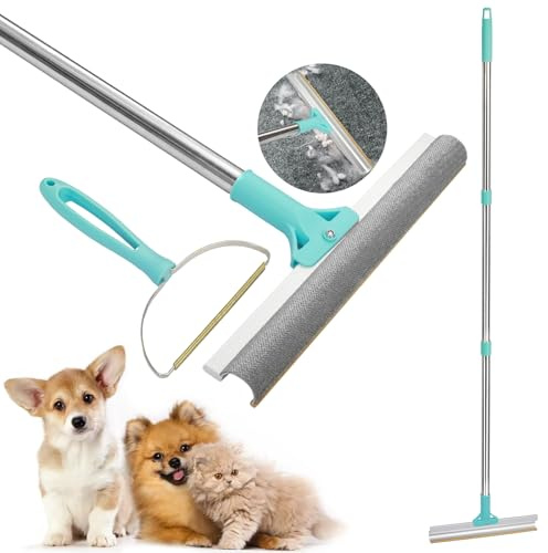 HOSDFOIER Tierhaarentferner, 2-in-1-Haarentferner, Teppichbürste mit 137 cm Verstellbarem Griff zum Entfernen von Tierhaare aus Autos, Teppichen, Fußböden, Sofas und Kleidung (Blau)