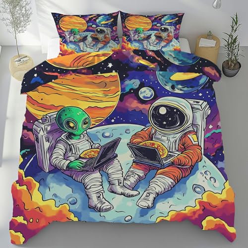 Tyafsgvqo Astronaut Außerirdische Bettwäsche Set 200x200cm, Bunt Universum Planet Bettbezug Mikrofaser 3 Teilig, Karikatur Weltraum Kinder Bettwäsche Bügelfrei, Wendebettwäsche mit 2 Kissenbezug 80x80