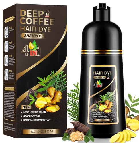 YUOLITA 500ML 4 In 1 Shampoo Istantaneo per Capelli Caffè Marrone, Shampoo Tintura Capelli Marrone Scuro per Uomini Donna (500ml deep coffee)