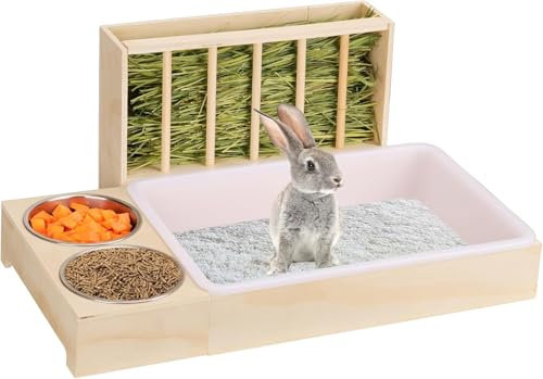 3 in 1 Kaninchentoilette mit Heufutterstation und Schalen - Holz Kaninchen Heu-Futterstation für Meerschweinchen, Hamster, Kleintiere (A1)