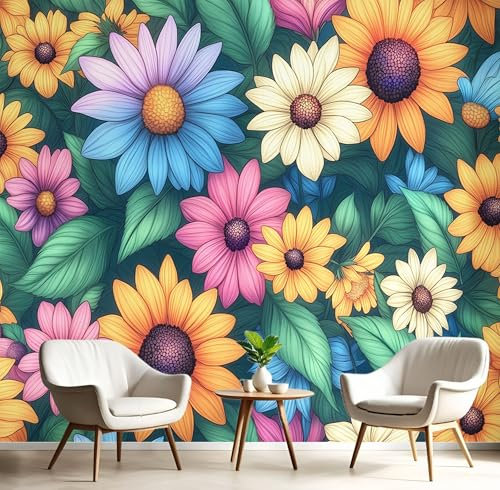 Panorama Carta Da Parati Murale Con Effetto 3D 200×140cm, Parati Murali Fotografica Foglie Acquerellate, Murales Fotografici Margherita, Adesivo Da Parete Poster Decorativo