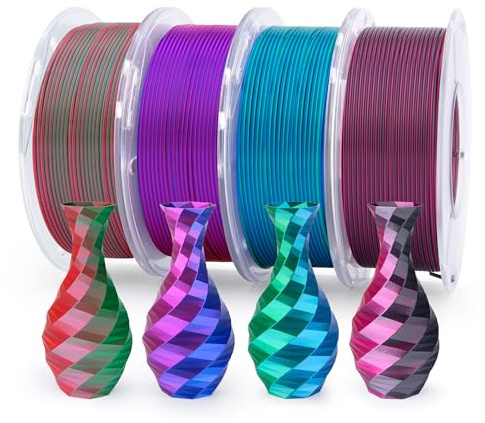ELEGOO Filamento Seta PLA 1,75 mm Multicolore 4×250 g, Silk PLA Filamento per Stampante 3D Precisione dimensionale +/- 0,02 mm, Set da 4 bobine da 250 g, Verde Rosso/Blu Magenta/Nero Rosso/Blu Verde