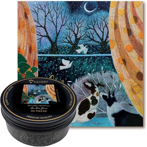 Victory Wooden Puzzles – ‘Watching Snowfall’ Miniature Jigsaw Puzzle for Adults - 84 Pieces. Premium Linden Wood Dog Jigsaw Christmas Puzzle in Metal Storage Tin with 'Whimsical' Pieces.