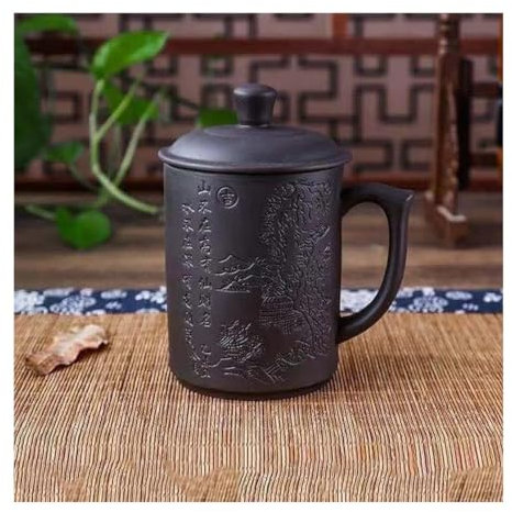 TLTLT Keramik-Teetassen, handbemalt, violetter Ton, Teebecher mit Deckel und Teesieb, (380 ml), Yixing Zisha-Wasserbecher, Trinkgeschirr for Büro und Zuhause (Schwarzer Bergblick)