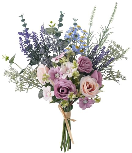 38cm Künstliche Seidenblumenstrauß mit Rosen, Eukalyptus, Schleierkraut, Gänseblümchen, Lavendel, Salbei & Kamille – Realistischer künstlicher Blumenstrauß als Tischdekoration & Wohnaccessoire