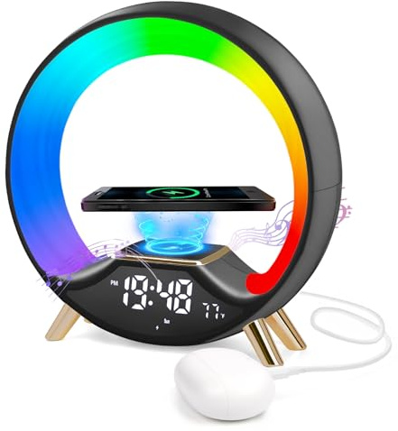 Cuteefun Despertador Luz Amanecer con Carga InaláMbrica 15W, Despertador Digital Inteligente con Altavoz Bluetooth, Doble Alarma, Radio FM, Más de 10 Colores de Luz Nocturna Ajustable, Negro