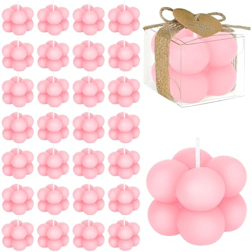 30er Set Rosa Bubble Kerze für Babyparty Gastgeschenke, Mini Duftkerzen mit Karten & Trockenblumen, Kleine Sojawachs Candle Aromatherapie für Hochzeit Taufe Baby Shower Geburtstag Geschenk