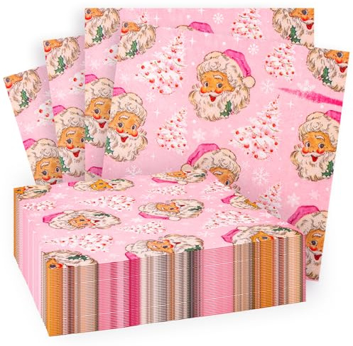 Lot de 40 serviettes de Noël, jetables, roses, motif Père Noël, flocons de neige, sapin de Noël, pour dîner, décoration de table de Noël