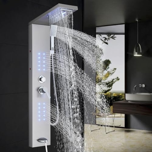 ZAMERY Panneau de douche LED 5 en 1 - Cascade, pommeau de douche à effet pluie, jet de corps et bec de baignoire, système de colonne de douche brossé