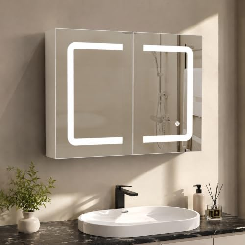 Poeahu Spiegelschrank Bad mit Beleuchtung 80x60x14 cm, Badezimmer Spiegelschrank mit 2 Höhenverstellbare Glasablagen, 3 Einstellbare Farbtemperatur, Touch-Schalter, Doppeltüren, Weiß
