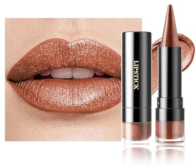 Rouge a Levre Pailleté Métallique, Rouge à Lèvres Marron Brillant Mat Longue Tenue Waterproof, Lip Stain Haut Pigment Sans Transfert, 2 in 1 Crayon Levre Fard a Paupiere Paillette, Maquillage Femme-01