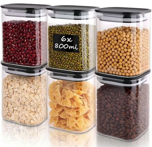 Aevcvok Set di 6 Barattoli Vetro con Coperchio 800ml, Quadrati Contenitori in Vetro Ermetici, Barattoli Cucina per Pasta Cereali Caffè - 10x10x12,5cm