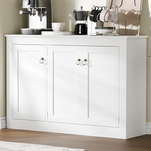 AUREUM OPAL Sideboard, küchenschrank, mit 3 Türen und verstellbare Ablagen, 110 cm lang, buffetschrank, Aufbewahrungsschrank,Holzkommode für Küche,Wohnzimmer, Flur und Esszimmer (Weiß, 113B cm)