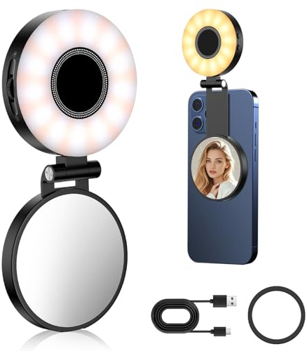 Drepint Magnetisches Selfie Licht 3 Modu Mini LED Handy 3-in-1 Magnetische Selfie Licht Kompatibel, Farbtemperaturen 2500k-9000k Handy-Licht mit Spiegel Faltbare Füllring Beleuchtung