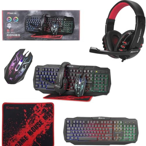HUBIBUBI 4-in-1 Gaming Combo Set, RGB Backlit Keyboard with 104 Keys, Gaming Mouse with 3-Step DPI, Headset with Microphone, Mouse Pad (Black)