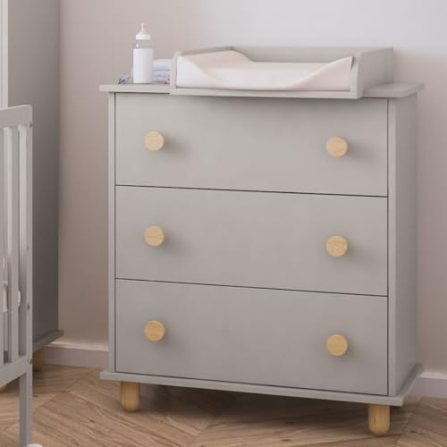 zee Kaschmir Wickelkommode 83x93x48 cm LUMI mit Wickelaufsatz 3 Schubladen Kommode Babyzimmer mit Vollauszug Schubladen Griffe und Füße aus Massivem Buchenholz