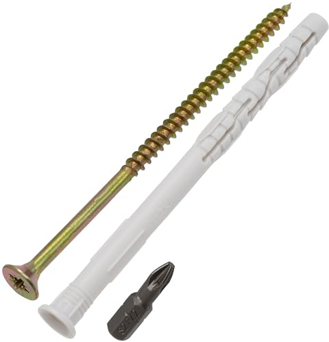 AERZETIX - Set med 20 universella pluggar med avfasad krage Ø8x120 mm i polyamid + 20 träskruvar Ø5x120 mm + 1 skruvbit PZ2 1/4