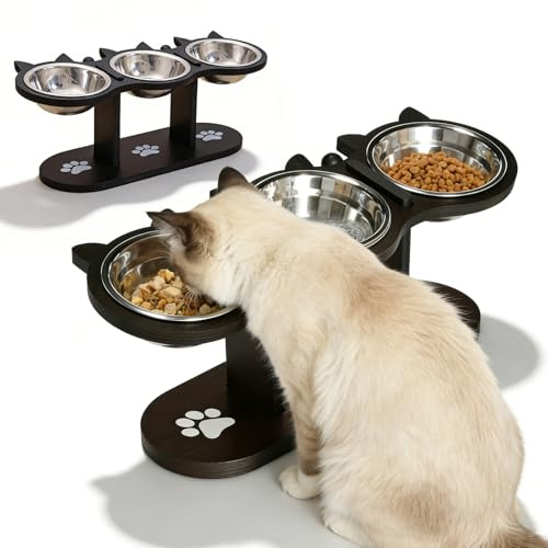 GOMETY 3-i-1 kattskålar, upphöjd uppsättning av 3 matstationer katter med 3 rostfria skålar, höjd justerbar foderskål, katthöjd med trästativ, ergonomisk ätskål, vattenskål för hundar (svart)