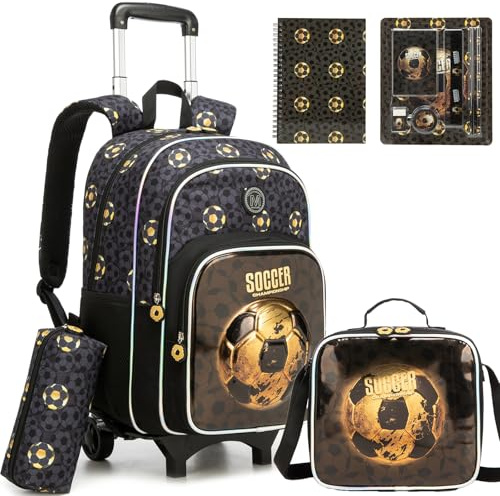 HTgroce Sac à Dos à Roulettes Garçon Football – Set 5 Pièces Cartable Scolaire Primaire (CP CE1 CE2) – Trolley Détachable 2-en-1 Ergonomique – avec Carnet & Fournitures