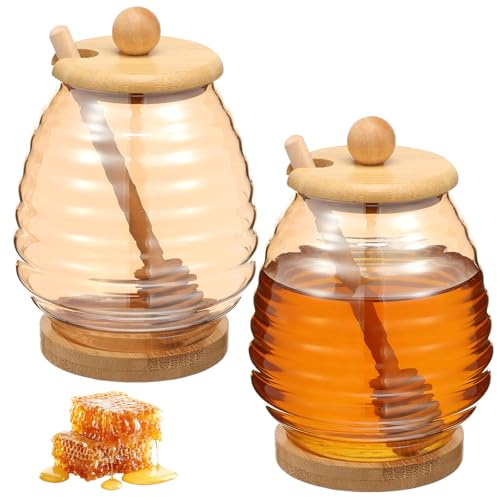 2Pack 450ml Honey Pot with Dipper and Lid, Glass Honey Jar with Bamboo Base Tray and Bamboo Lid, Wide Mouth Syrup Container for Home Kitchen, Honeypot for Dinner Table(Gold)