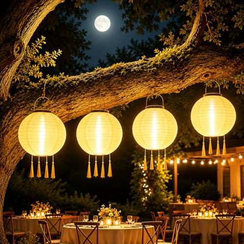4 Stück 30CM Lampions Solar Garten Laterne,Solar Lampions,Wasserdicht Nylon Hängende Gartenlaterne Beleuchtung,Hängende Nylon Laterne für Garten, Hof, Terrasse, Hochzeit, Fest Deko (Warmweiß)