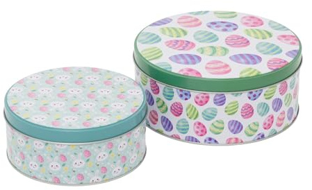Carousel Home Set of 2 Easter Nesting Tins | Medium & Small Round Storage Tins with Playful Bunny & Easter Egg Designs