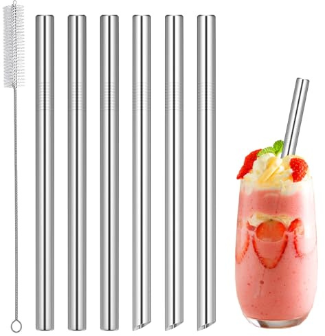 6 Stück Kurze Strohhalme Edelstahl, Edelstahl Strohhalme Wiederverwendbar, Lange 21.5cm Metallstrohhalme 12mm Trinkhalme Reinigungsbürste für Party Hochzeiten Säfte und Getränke