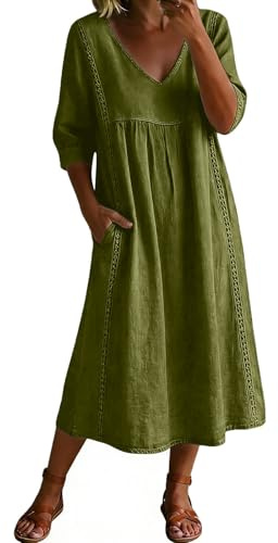 Womens Midi Dresses Summer Half Sleeve V Neck Casual Flowy Swing A-Line Long Beach Dress with Pockets Ladies Elegant Bohemian Loose Vacation Dresses for Party Night Out