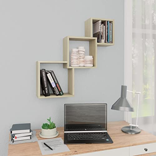 RuiNingRN Étagère murale flottante en chêne Sonoma - 68 x 15 x 68 cm - Pour salon, chambre à coucher, cuisine, salle de bain, couloir, bureau - Avec 3 cubes et espace de rangement maximal de 40 kg