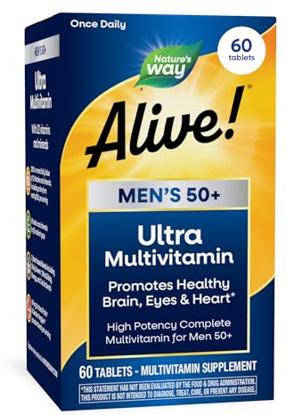 Nature's Way Alive! Men’s 50+ Daily Ultra Multivitamin, High Potency Formula, Supports Healthy Brain, Eyes & Heart*, with Methylated B12, Gluten-Free, 60 Tablets (Packaging May Vary)