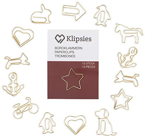 KLIPSIES Mix (Design wählbar) 15 Deko Büroklammern Motiv Heftklammern 1x15 Stück Gold