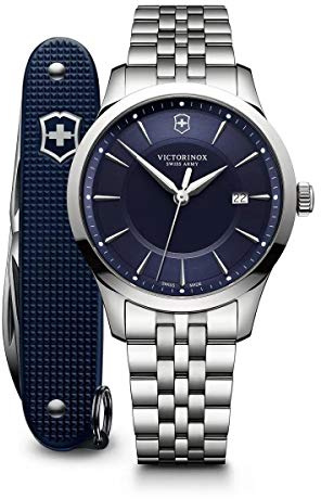 Victorinox Herren Armbanduhr Alliance mit Taschenmesser Ø 40mm, Swiss Made, Analog Quarz, Wasserdicht bis 100m, Saphirkristallglas, Edelstahl Armband, Silber/Blau, 241802.1