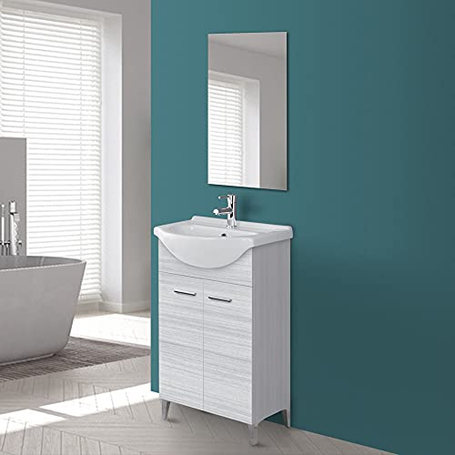 Composizione da Bagno 56x45 Moderna a Terra con Piedi Cromo Lucido - Completo di Specchio e Lavabo in Ceramica