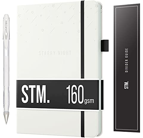 Svart papper Bullet Prickig Journal Anteckningsbok | B5 Starry Night av Scribbles That Matter | Gratis vit gelpenna | Upplev Bullet journalföring på tjockt 160 gsm rutnät utan blödning | För kvinnor och män