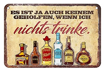 Alkohol Blechschild - lustiges Deko Metallschild mit Kordel und Saugnapf - witzige Schilder Dekoration für Bar Kneipe Partykeller Partyraum Kellerbar Hausbar Theke - Party Alkohol Zubehör - 18x12cm