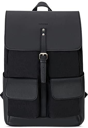 Expatrié Rucksack Damen aus Baumwoll Canvas & veganem PU Leder Schwarz Laurent Daypack Groß - Leder Damenrucksack Elegant - Tagesrucksack 15l Tasche mit Magnetverschluss