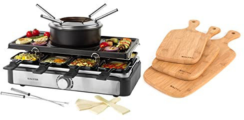 Salter COMBO-7477 Electric 2 in 1 Raclette Grill & Fondue Set and Bamboo Paddle Chopping Board Set, Adjustable Temperature Control, Protects Kitchen Worktops, Ideal for Serving Charcuterie, Cheese