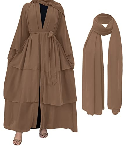 Damen Muslim Roben Einfarbig Lose Muslimisches Kleid mit Hijab Islamische Gebetskleidung Lange Strickjacke mit Ausgestellten Ärmeln Türkische Strickjacke für Ethnische Braut Party Braun XL