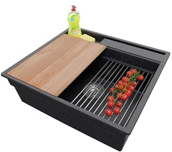 PRIMAGRAN Evier Cuisine en Granit au Meuble 60cm + Kit de Vidage, 58x53cm | Set: Kit de Vidage (Siphon, bonde d’évacuation, trop-plein) + Lavabo 1 Bac - Oslo, Graphite