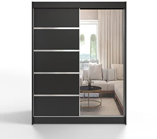 ML Furniture Schiebeschrank 150 cm mit Spiegel, Kleiderschrank Schlafzimmer, Mehrzweckschrank Wohnzimmer- 150 x 200 x 58 cm; Farbe: Schwarz, Schwebetürenschrank