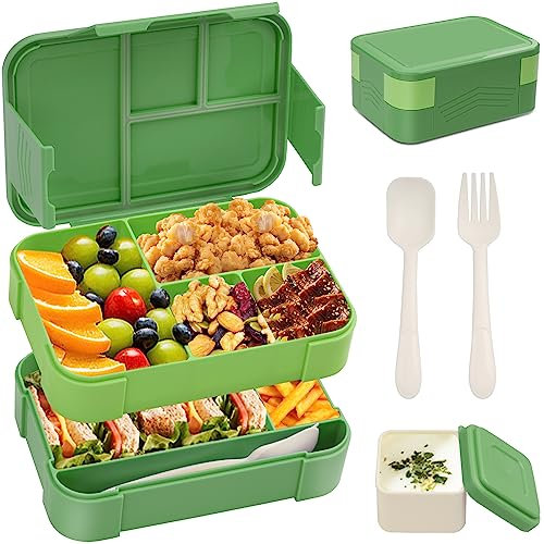 BIBURY Lunchbox, 1550ml Auslaufsichere Stapelbare Bento Box für Kinder & Erwachsene, Lebensmittelbehälter mit 6 Fächern, Besteck & Saucentopf-Set, BPA-frei Brotdose, Mikrowellen & Spülmaschinenfeste