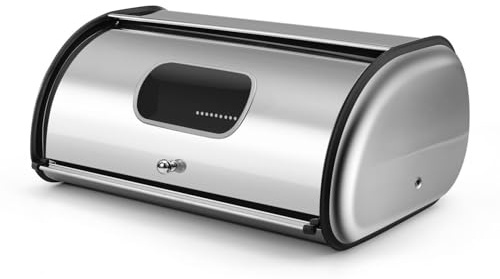 Flexzion Stainless Steel Bread Box for Kitchen Countertop (13 inch) Metal Bread Storage with Roll Up Lid & Front Window for Restaurant & Homemade Cakes, Buns, Pastries, Pancakes, Cookies