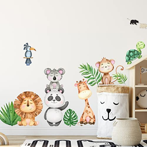 WANDKIND Safari Tiere V308 Wandtattoo Kinderzimmer | handgezeichnet | AUFKLEBER Kindergarten | Wandsticker Babyzimmer, Kinderzimmer Löwe. Panda, Koala, Giraffe, Affe, Schildkröte (75 x 130 cm)