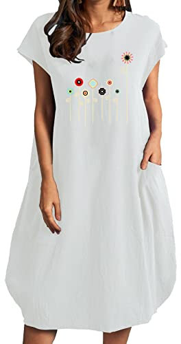 AMDOLE Sommerkleid für Damen, lässig, Blumen, bedruckt, locker, kurzärmelig, Sommerkleid, Rundhalsausschnitt, Kleider mit Tasche, Baumwolle, knielang, Midi-Sommerkleid, niedliches Freizeitkleid für