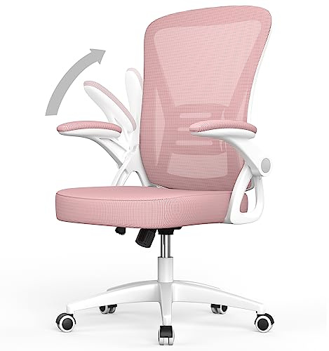 naspaluro Silla de Oficina, Silla de Ergonomica Escritorio, Altura Regulable, Respaldo de Malla Transpirable con Soporte Lumbar, Reposabrazos Abatibles 90°, para el Hogar y la Oficina, Rosa