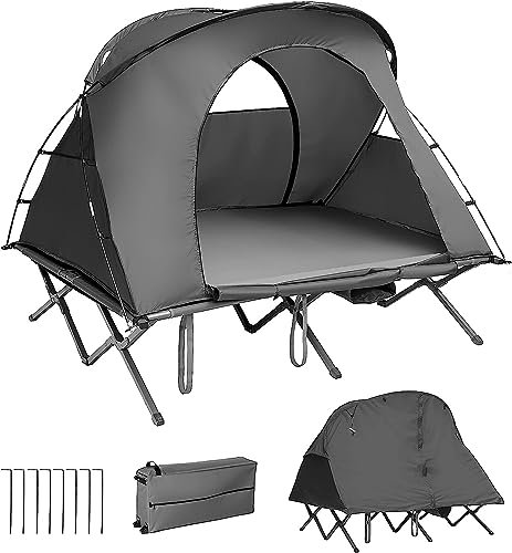 GOPLUS Feldbett mit Zelt für 2 Personen, 4 in 1 Campingzelt wasserdicht mit Regenabdeckung, Luftmatratze, Kissen, Tragetasche auf Rollen, Campingliege Campingbett zum Wandern und Picknick (Grau)