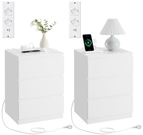 VASAGLE KAILYN Collezione - Comodino con Stazione di Ricarica, Set di 2, con 3 Cassetti, 2 Prese AC 2 Porte USB, per Soggiorno, Camera da Letto, Studio, Bianco Nuvola LET831W14