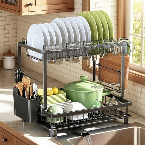 Nfnoyp Dish Drainer Rack, 2 Tier Dish Drainer Rack Multifunctional, Rustproof Dish Racks with Drainboard, Space-Saving Utensil & Cup Holder for Kitchen Counter, Black