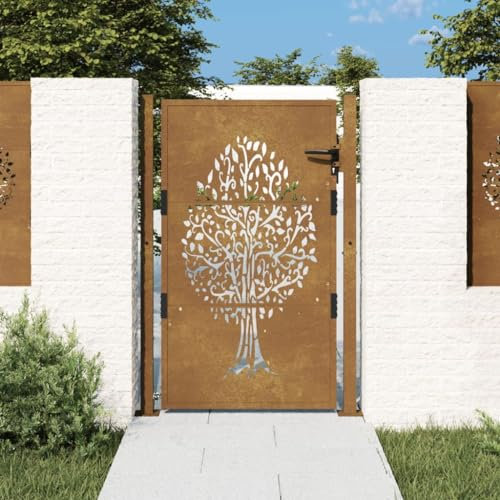 Homgoday Garden Gate Metal Gate Garden Door Fence Door Garden Gate Single Gate Double Gate Yard Gate Entrance Gate Garden Fence Gate 105 x 130 cm Corten Steel Tree Design